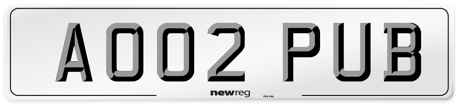 AO02 PUB Number Plate from New Reg